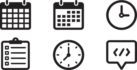 Professional silhouette icon set of six timetable elements academic schedule grid, office calendar, clock icon, task checklist, deadline symbol