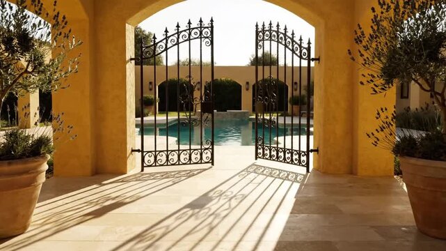 A serene poolside area with a black gate and potted trees in a warm sunny setting video