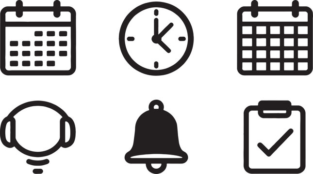 Minimalist black silhouette icon set of six timetable and schedule symbols, including calendar, clock, class schedule grid, reminder bell, daily planner, and deadline check mark,