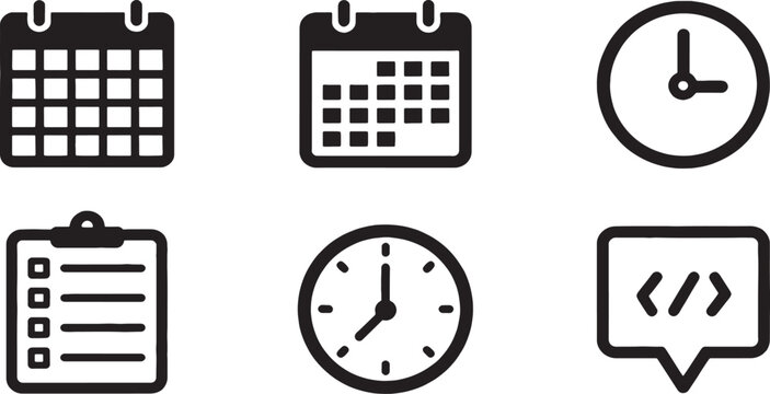 Professional silhouette icon set of six timetable elements academic schedule grid, office calendar, clock icon, task checklist, deadline symbol