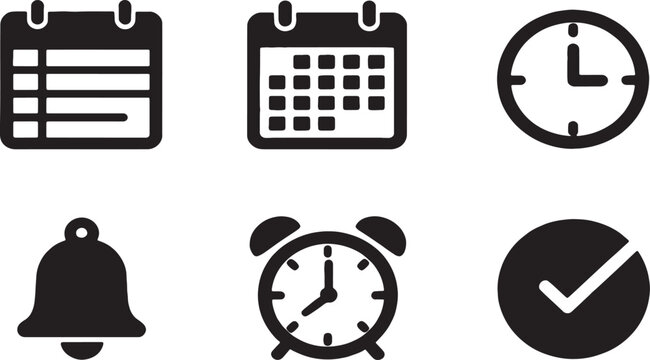 Clean silhouette vector icon set of six time scheduling concepts timetable chart, school schedule, office planner calendar, clock icon, alarm bell