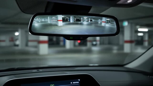 Automated car parking system displayed through rearview mirror inside vehicle underground garage with concrete pillars and dim lighting reverse mode