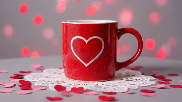 Red mug with heart design on white doily surrounded by rose petals