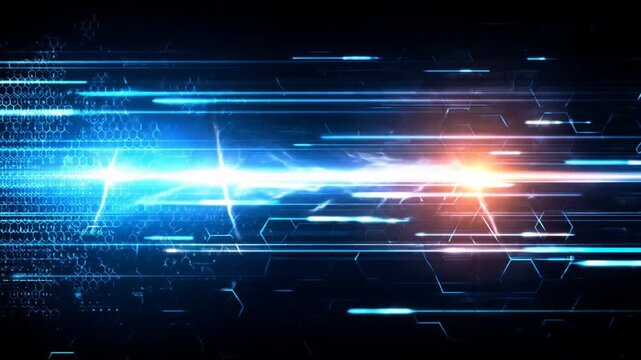 Abstract digital data stream with bright blue and orange light effects