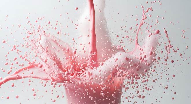 A vibrant splash of strawberry milkshake erupts in midair, capturing the dynamic movement and creamy texture against a clean, bright background, showcasing the sweet treats delicious appeal and refres