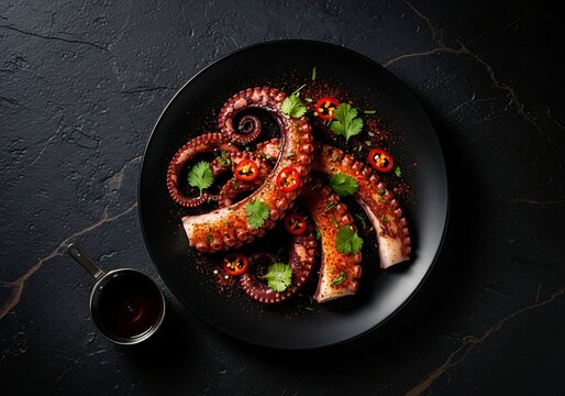 Grilled octopus tentacles on black plate with salt and herbs  seafood dish