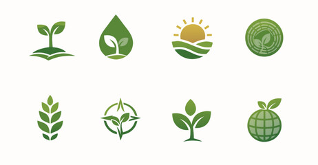 Green eco icon set with leaves, sprouts, wheat, sunrise landscape, and globe symbols. Clean flat vector badges for sustainability, organic farming, renewable energy, and nature brands.
