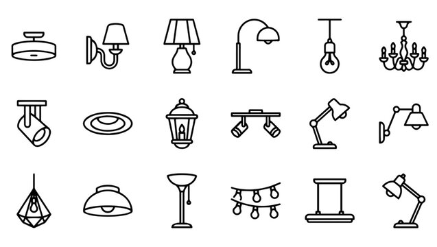 Lighting Fixture Line Art Icon Set, lighting icons, light fixtures, line art, ceiling light, wall lamp, table lamp, floor lamp, pendant light, chandelier, spotlight, recessed lighting, 