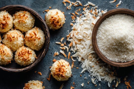 Bolinhas Coco in wooden bowl, surrounded by scattered coconut flakes. Concept of minimalistic, inviting aesthetic, showcasing coconut cookies Indian festive. 