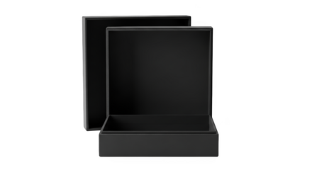 Empty square gift box mockup dark grey unveiled revealing storage isolated on transparent background