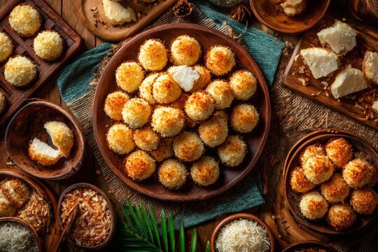 Bolinhas Coco arranged on wooden table topped with green cloth, surrounded by pine cones. Concept of cozy Indian festive atmosphere celebrating coconut cookies.