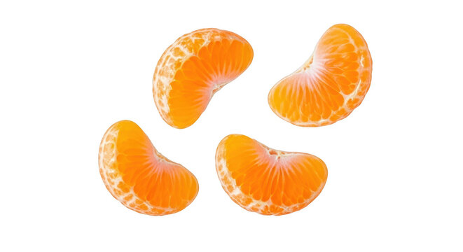 Four vibrant mandarin orange segments freshly peeled isolated on transparent background