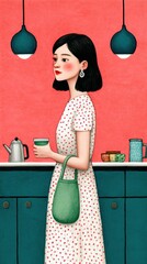Young Woman with Cup in Stylish Kitchen with Colorful Decor Elements,  modern Asian lifestyle during Chinese New Year