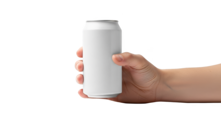 Hand holding a blank white aluminum can for mockup presentation isolated on transparent background