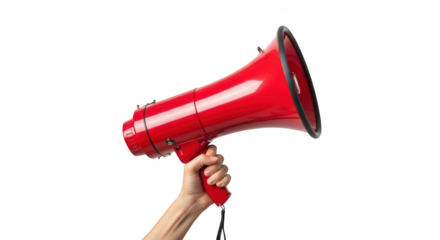 Hand holding a bright red megaphone announcing communication and promotion isolated on transparent background