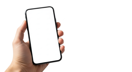 Hand holding mobile phone with blank white screen isolated on transparent background
