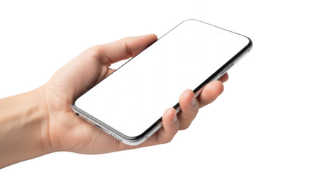 Hand holding modern smartphone with blank white screen for mockup and advertisement isolated on transparent background