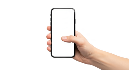 Hand holding modern smartphone with blank screen isolated on transparent background