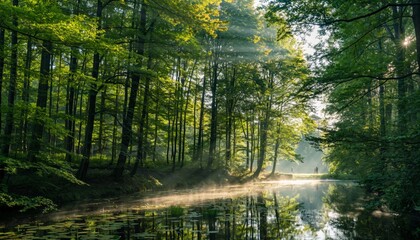 Tranquil forest river with morning mist and golden sunbeams filtering through lush green trees, creating a magical and serene landscape with beautiful reflections on the water