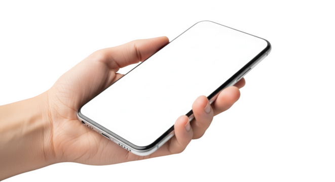 Hand holding modern smartphone with blank white screen for mockup and advertisement isolated on transparent background - Powered by Adobe