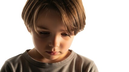 A pensive young boy looks downwards with a soft and melancholic expression, suggesting introspection or sadness.