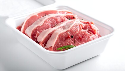 Raw cuts of meat presented in a white styrofoam container