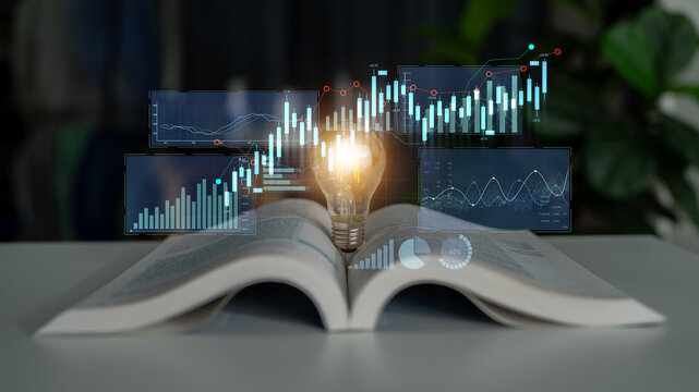 An open book with a glowing light bulb symbolizes the fusion of traditional learning and modern data analysis, representing insight and creative growth. Scalp - Powered by Adobe