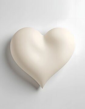 A soft, three-dimensional, cream-colored heart-shaped object is centrally placed on a plain white background, casting a subtle shadow