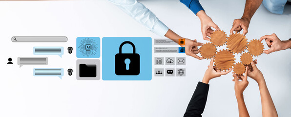 This image showcases hands collaborating around gear icons and a padlock graphic, symbolizing teamwork in digital security, innovation, and risk management strategies. Gantry