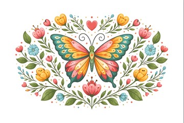 Symmetrische Illustration eines farbenfrohen Schmetterlings, umgeben von floralen Ornamenten und Herzen, im dekorativen M&auml;rchenstil auf hellem Hintergrund.