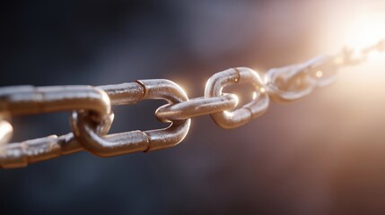 Fototapeta premium Metal chain link broken due to excessive strain, distorted shape illustrating force impact, fatigue, and limits of material strength. cinematic color correction, natural uneven lighting yet gentle
