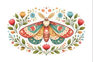 Symmetrische Illustration eines dekorativen Nachtfalters mit floralen Ornamenten und botanischen Details, freigestellt auf hellem Hintergrund.