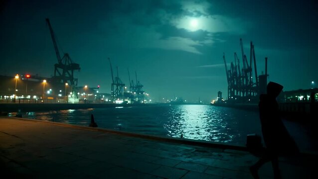 Silhouetted person walking along an industrial harbor at night
