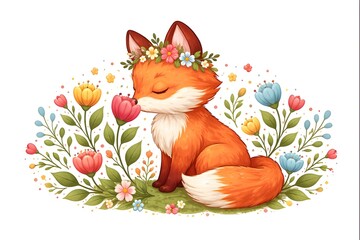 Fototapeta premium Niedlicher Fuchs mit Blumenkranz in frühlingshafter Illustration.Liebevolle Illustration eines sitzenden Fuchses mit Blumenkranz, umgeben von bunten Frühlingsblumen, freigestellt auf weißem Hintergrun