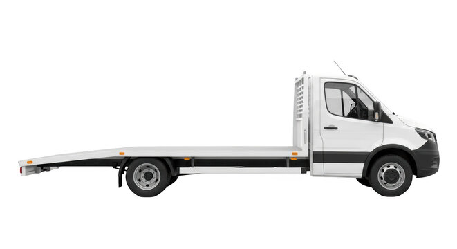 White flatbed tow truck car carrier vehicle for transportation and recovery isolated on transparent background