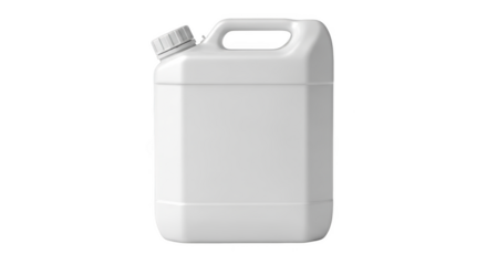 White plastic jerrycan container with handle and screw cap for liquid products isolated on transparent background