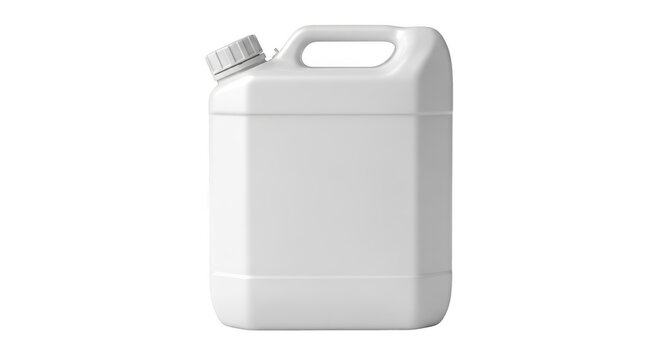 White plastic jerrycan container with handle and screw cap for liquid products isolated on transparent background