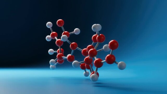 Molecular structure model of molecule with red and white spheres on blue gradient background, for science