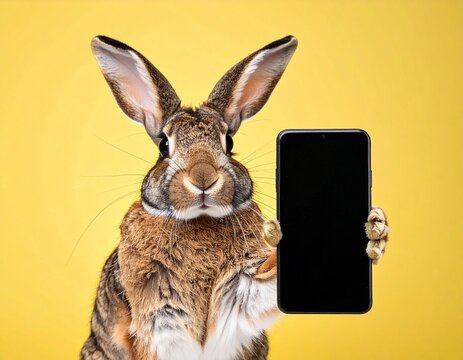 Zając trzymający w łapce smartfon z czarnym ekranem