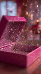A partially opened pink gift box, its contents sparkling