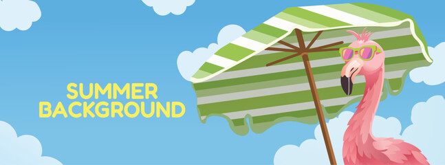 Summer background banner with pink flamingo wearing sunglasses under a green striped umbrella