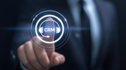 Customer Support Headset Icon, Glowing CRM Interface, Faceless Businessman and Minimal Corporate Tech Concept