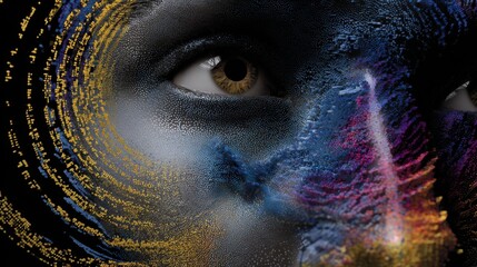 Extreme close-up of a woman's face, with dark skin and blue and yellow patterns, adorned with futuristic makeup that includes digital elements and dots, all against a cosmic background.

