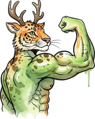 a muscular deer leopard hybrid flexing its bicep on transparent background