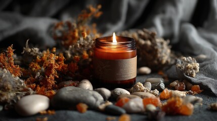 A warm amber candle, nestled amongst smooth stones and dried orange blossoms, sits on a dark surface draped with a muted gray fabric
