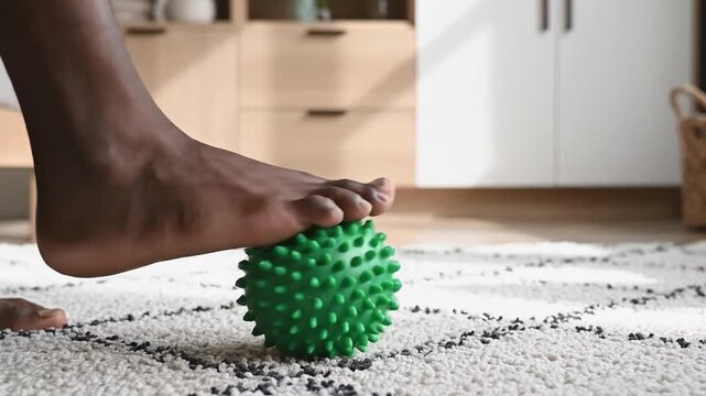 Foot pressing down on textured green massage ball on soft rug, demonstrating progressive foot care techniques for relaxation and muscle relief