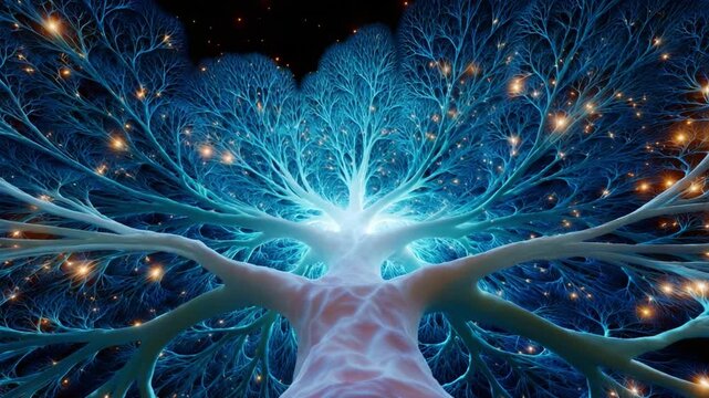 A Vivid Representation of an Ethereal Tree, Illuminated by Mystical Lights and Deep Blue Colors, Creating a Sense of Wonder and Enchantment in a Dreamlike Environment