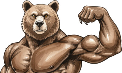 a muscular brown bear illustration flexing its arm on transparent background