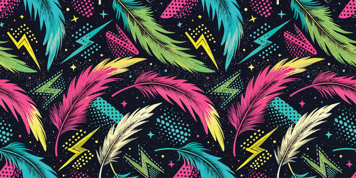 Vibrant feather pattern with colorful accents and energetic motifs, perfect for artistic designs.