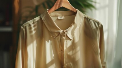 Video A shirt hangs on a hanger next to a window, possibly in a bedroom or closet